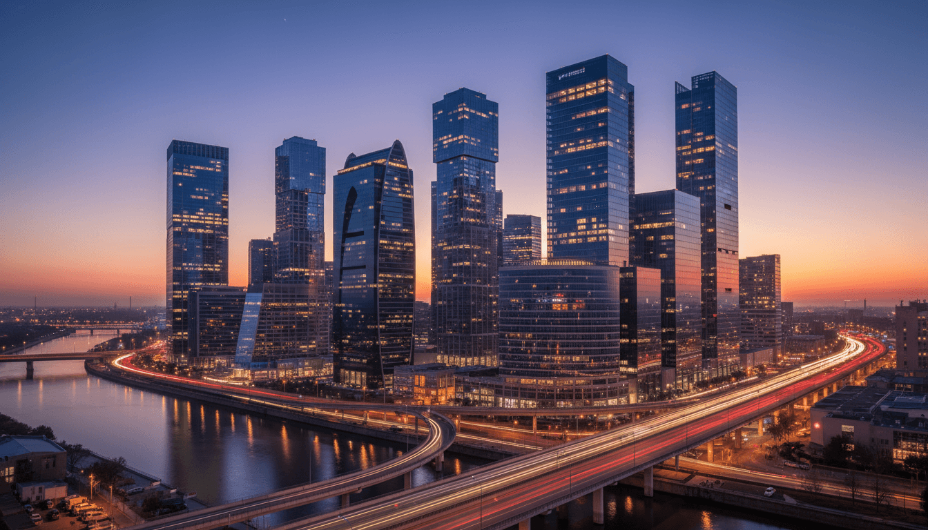 Modern corporate skyline at dusk with glass office buildings