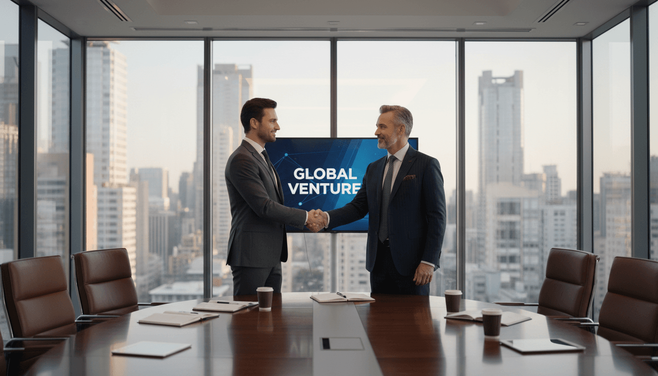 Businessman in suit shaking hands with investor in elegant boardroom