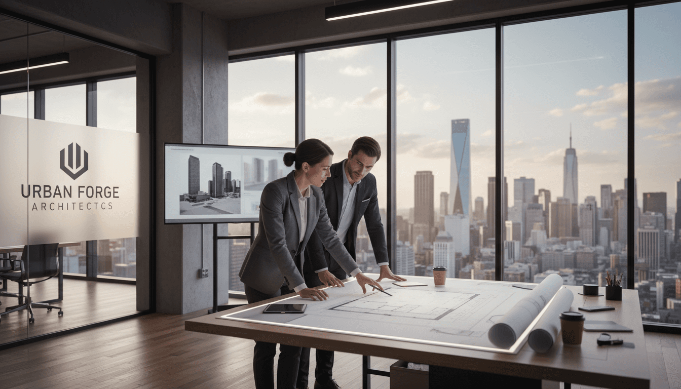 Architect examining blueprints in a modern office
