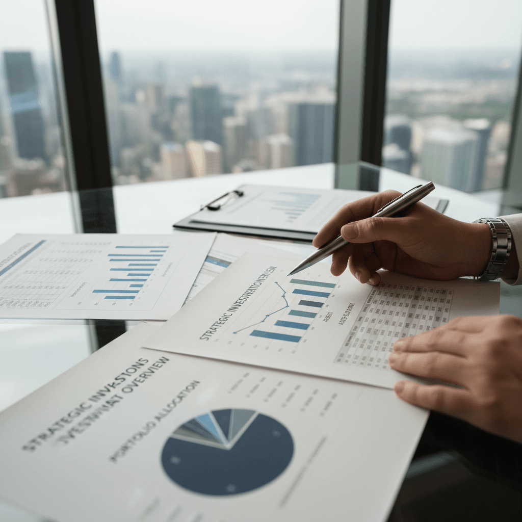Financial professionals reviewing documents in a sleek boardroom