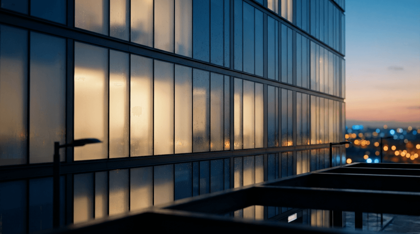 Modern glass office building viewed from below against a clear sky