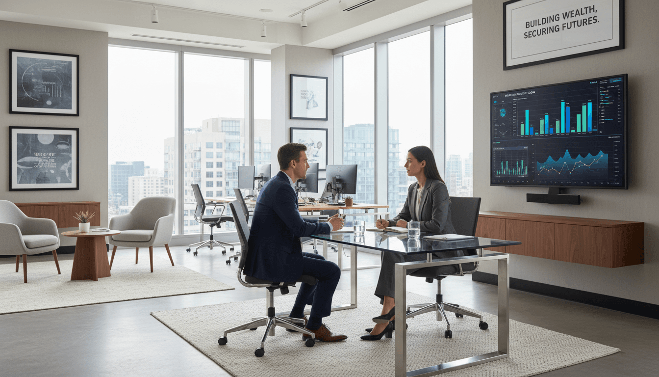 Professional financial advisor meeting with a client in a modern office