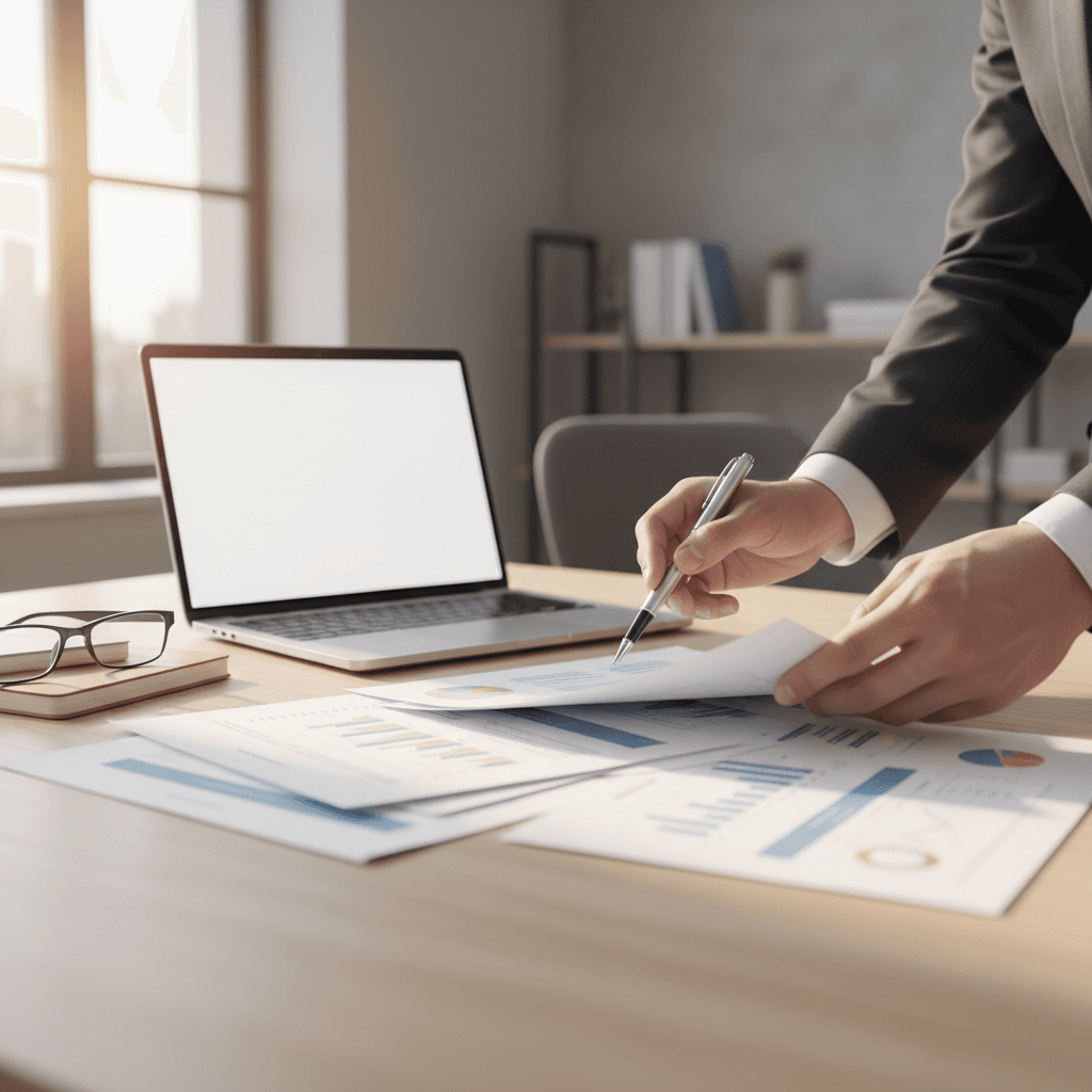 Professional business advisor reviewing financial documents at a modern office desk