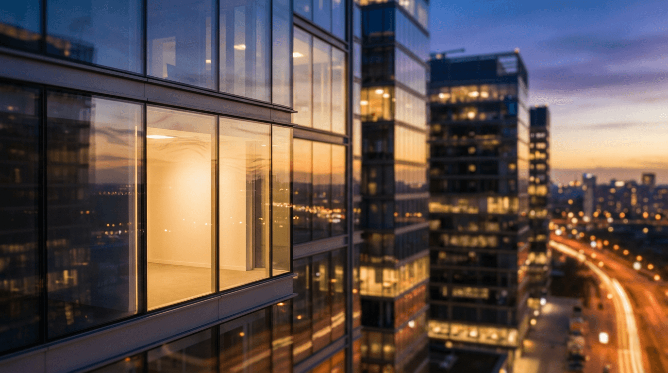 Modern financial district skyline at dusk with glass office towers