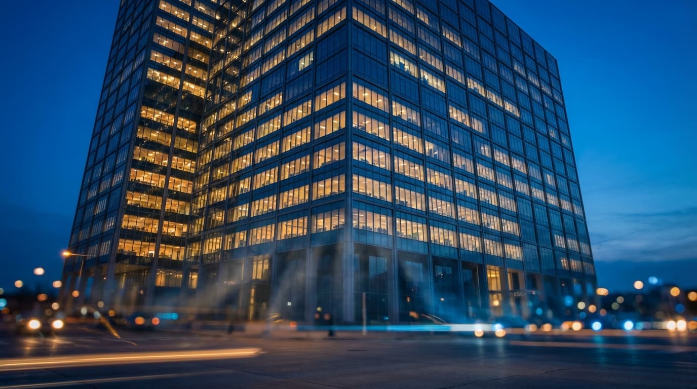 Modern glass office building exterior at dusk with warm lighting